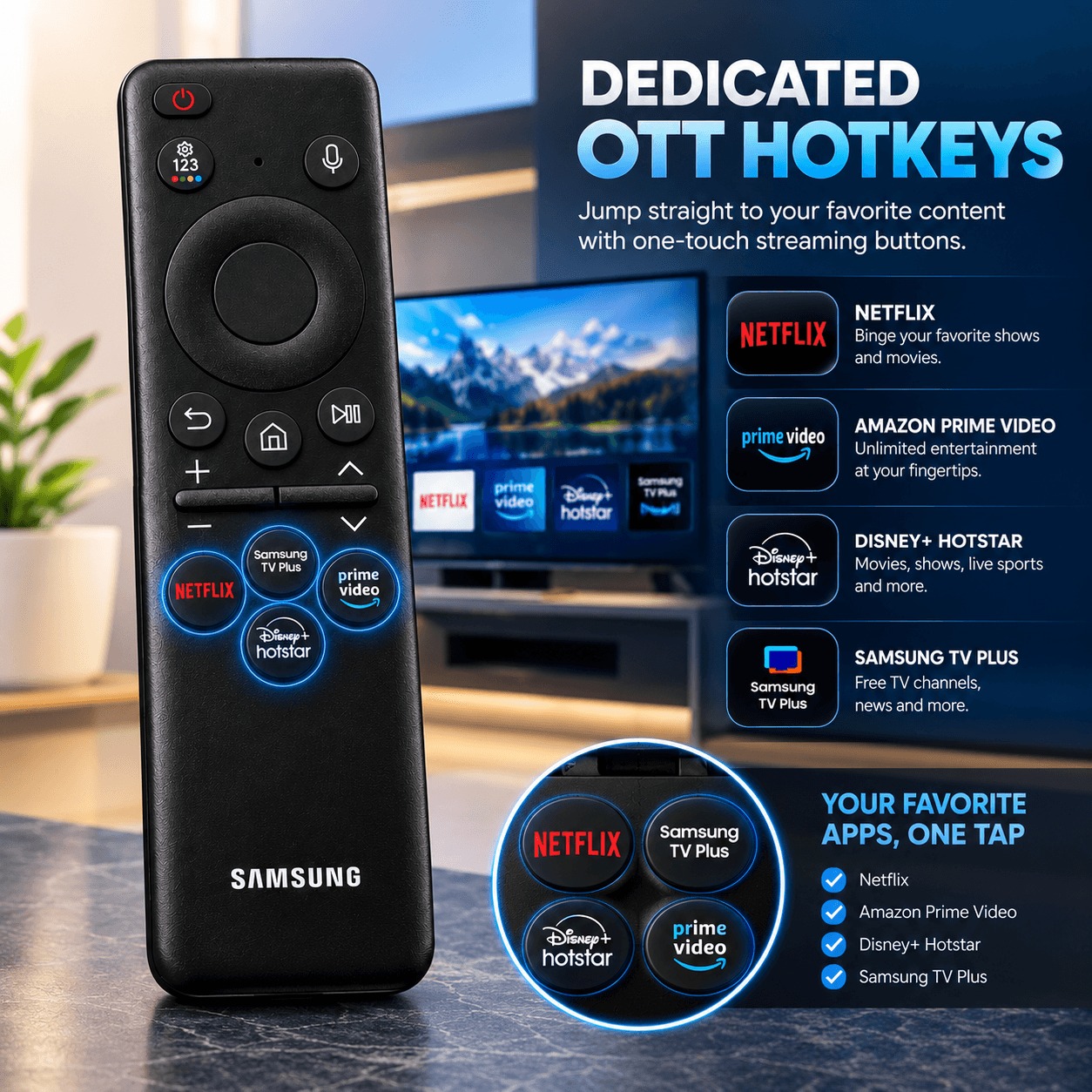 Book My Remote – Bluetooth Voice Smart Remote for Samsung Smart TV (BN59-01432A / TM2360E Layout) | Compatible with Crystal UHD, Neo QLED, OLED, The Frame (2022–2025) | Dedicated Hotkeys for Netflix, Prime Video, Disney+ Hotstar & Samsung TV Plus angle 3