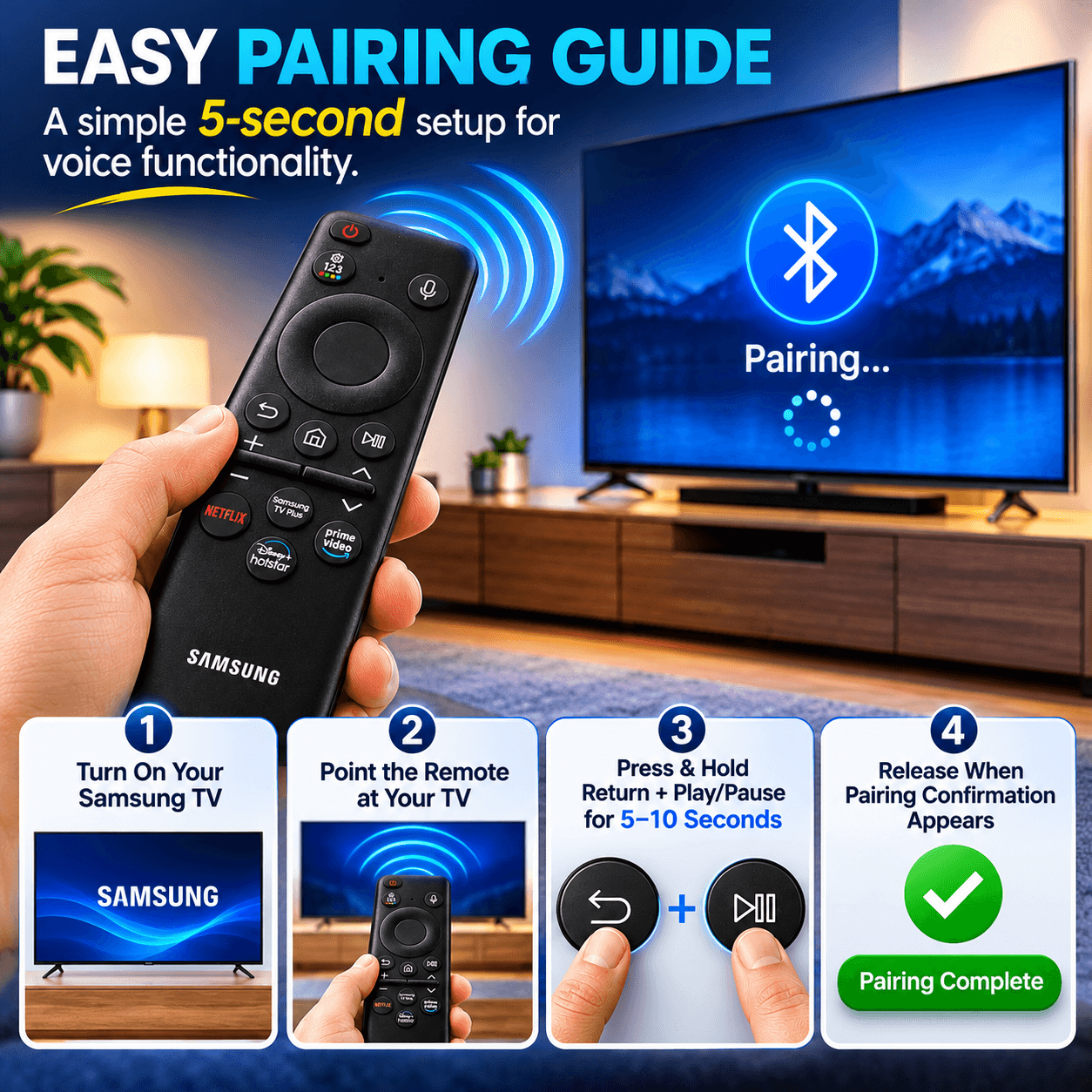 Book My Remote – Bluetooth Voice Smart Remote for Samsung Smart TV (BN59-01432A / TM2360E Layout) | Compatible with Crystal UHD, Neo QLED, OLED, The Frame (2022–2025) | Dedicated Hotkeys for Netflix, Prime Video, Disney+ Hotstar & Samsung TV Plus angle 4