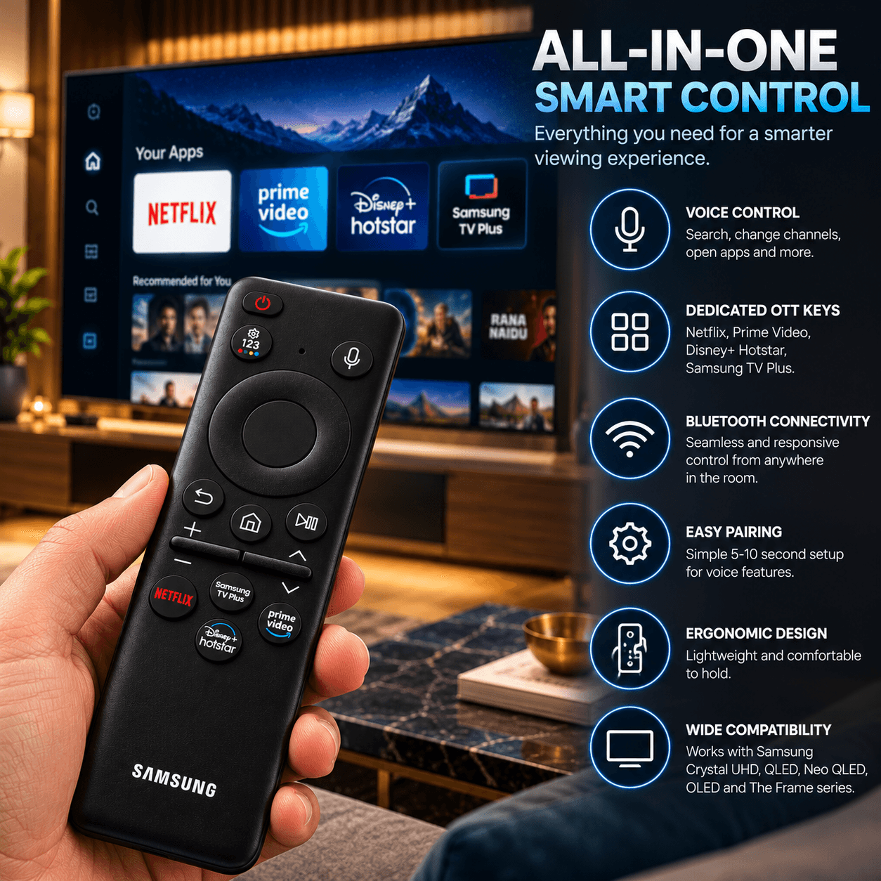 Book My Remote – Bluetooth Voice Smart Remote for Samsung Smart TV (BN59-01432A / TM2360E Layout) | Compatible with Crystal UHD, Neo QLED, OLED, The Frame (2022–2025) | Dedicated Hotkeys for Netflix, Prime Video, Disney+ Hotstar & Samsung TV Plus angle 5