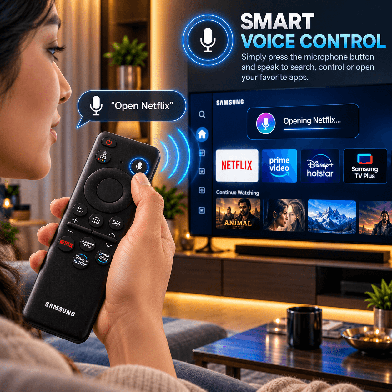 Book My Remote – Bluetooth Voice Smart Remote for Samsung Smart TV (BN59-01432A / TM2360E Layout) | Compatible with Crystal UHD, Neo QLED, OLED, The Frame (2022–2025) | Dedicated Hotkeys for Netflix, Prime Video, Disney+ Hotstar & Samsung TV Plus angle 2
