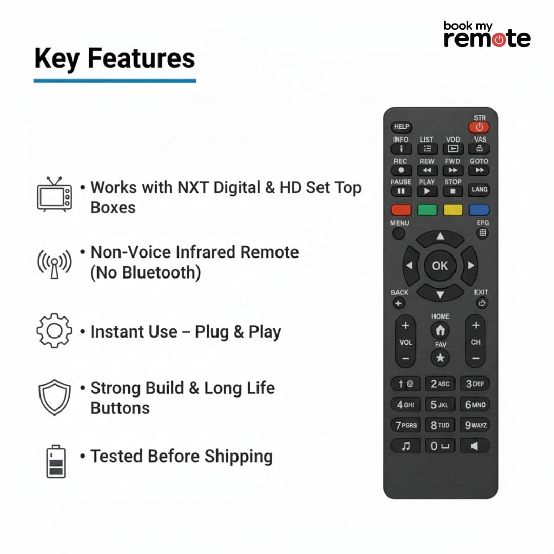 Book My Remote Replacement Remote for NXT Digital Set Top Box Universal STB Remote Control Compatible with NXT Digital HD & SD Set Top Boxes Infrared Long-Range 10 m Plug & Play (Black) (1) angle 3