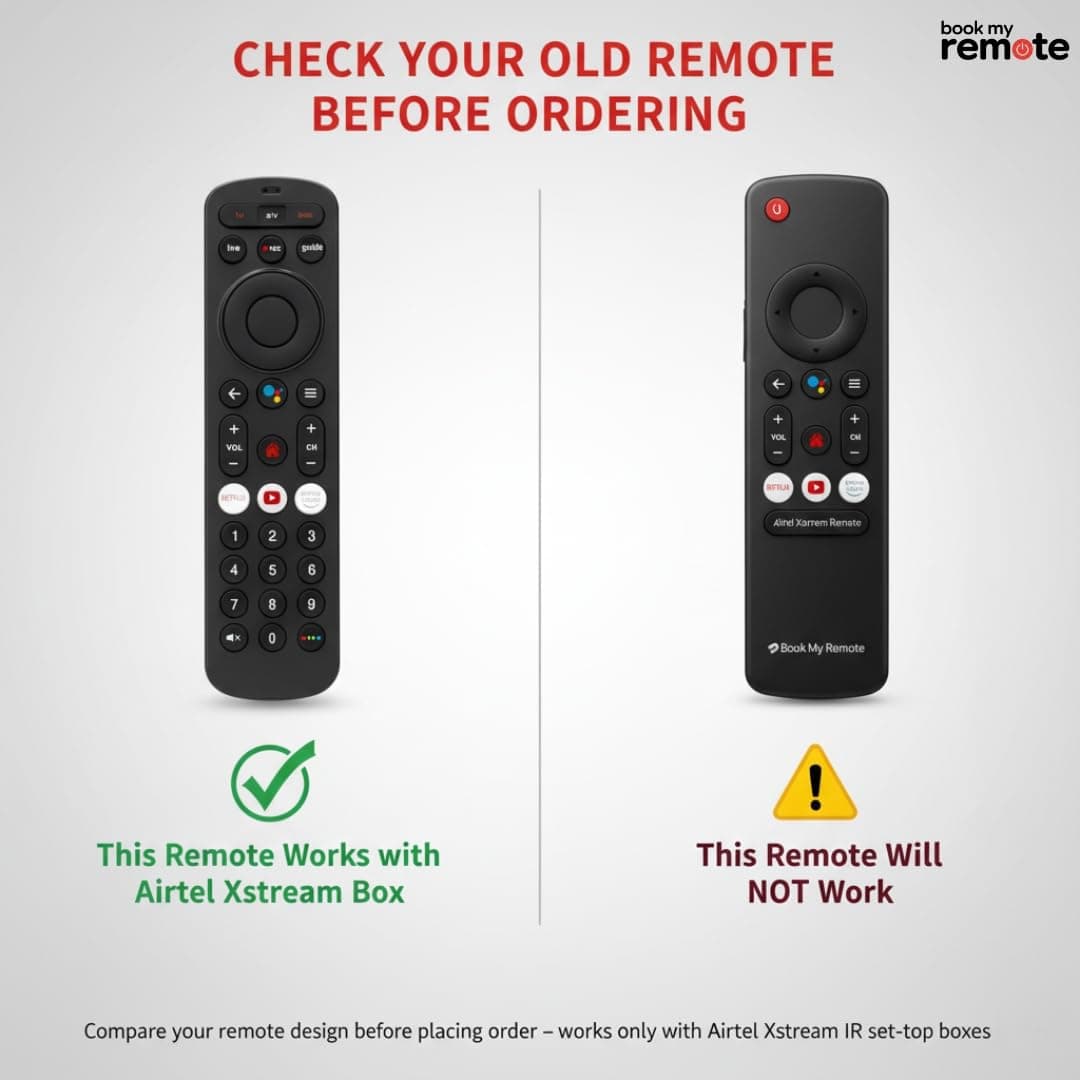 Book My Remote Compatible for Airtel Xstream Set-Top Box | Non-Voice IR Remote Control | Works with Airtel Xstream/DTH HD/SD/Digital TV | Plug & Play | Netflix, YouTube, Prime Keys | 2025 Model angle 2