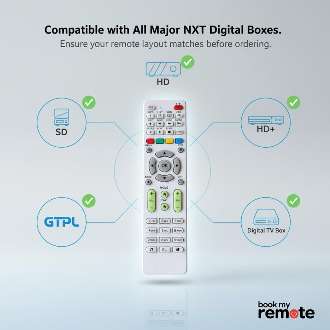 Book My Remote – Replacement Remote Control for NXT Digital Set Top Box (White) | Compatible with NXT SD/HD/HD+ Models | Long Range Infrared | Rugged ABS Body | Plug & Play Setup - 1 PC angle 5