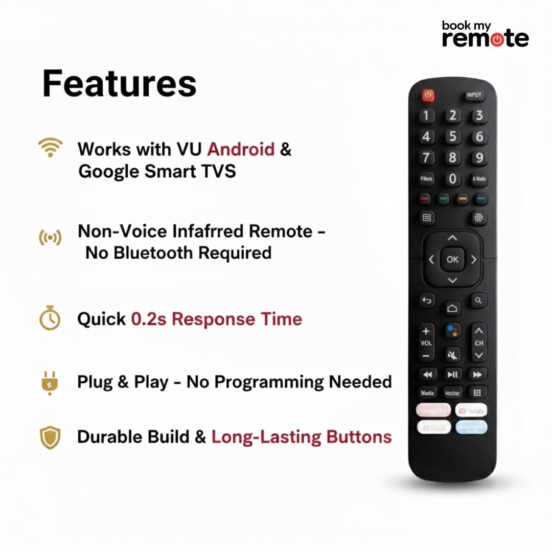 Book My Remote Replacement Remote Control for VU Smart TV EN2BX27V / EN2BY27V Models Compatible with VU 32US, 43US, 40US, 50GA, 65US, Android 4K & Full HD LED TVs Infrared Non-Voice Remote angle 2