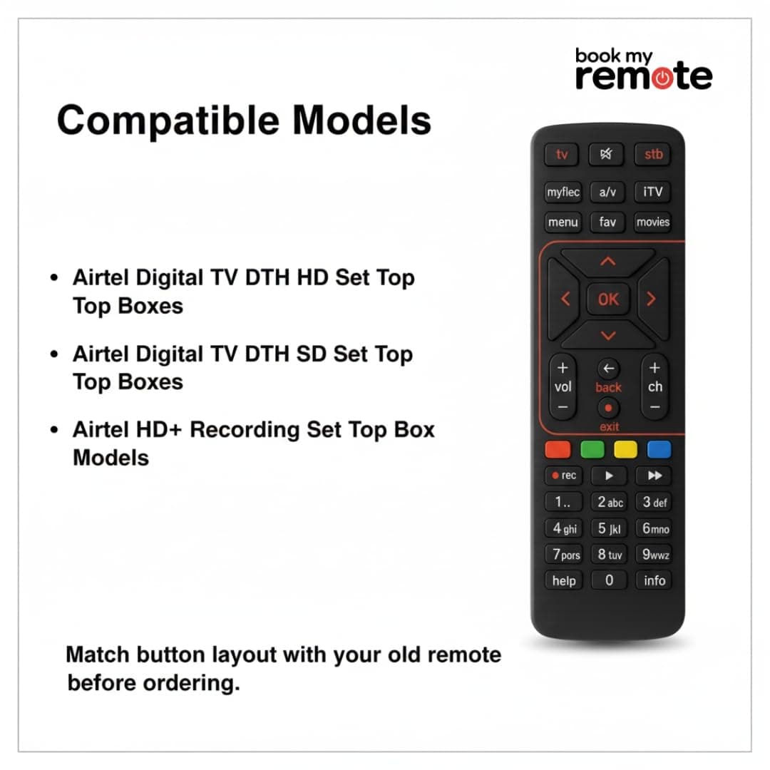 Book My Remote Compatible Airtel DTH Remote Replacement for Airtel Digital TV HD, SD & Recording Set Top Box Plug & Play Infrared Remote Controller - 1PC angle 3