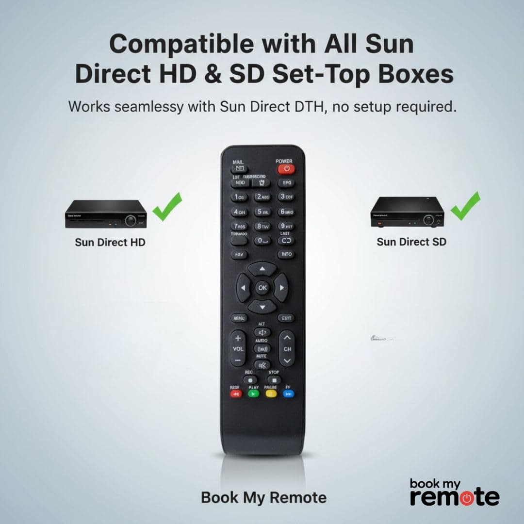 Book My Remote – Universal Replacement Remote Control for Sun Direct HD & SD Set-Top Boxes | Compatible with All Sun Direct DTH Models | Fast Infrared Response | Durable ABS Build | Plug & Play Use angle 6
