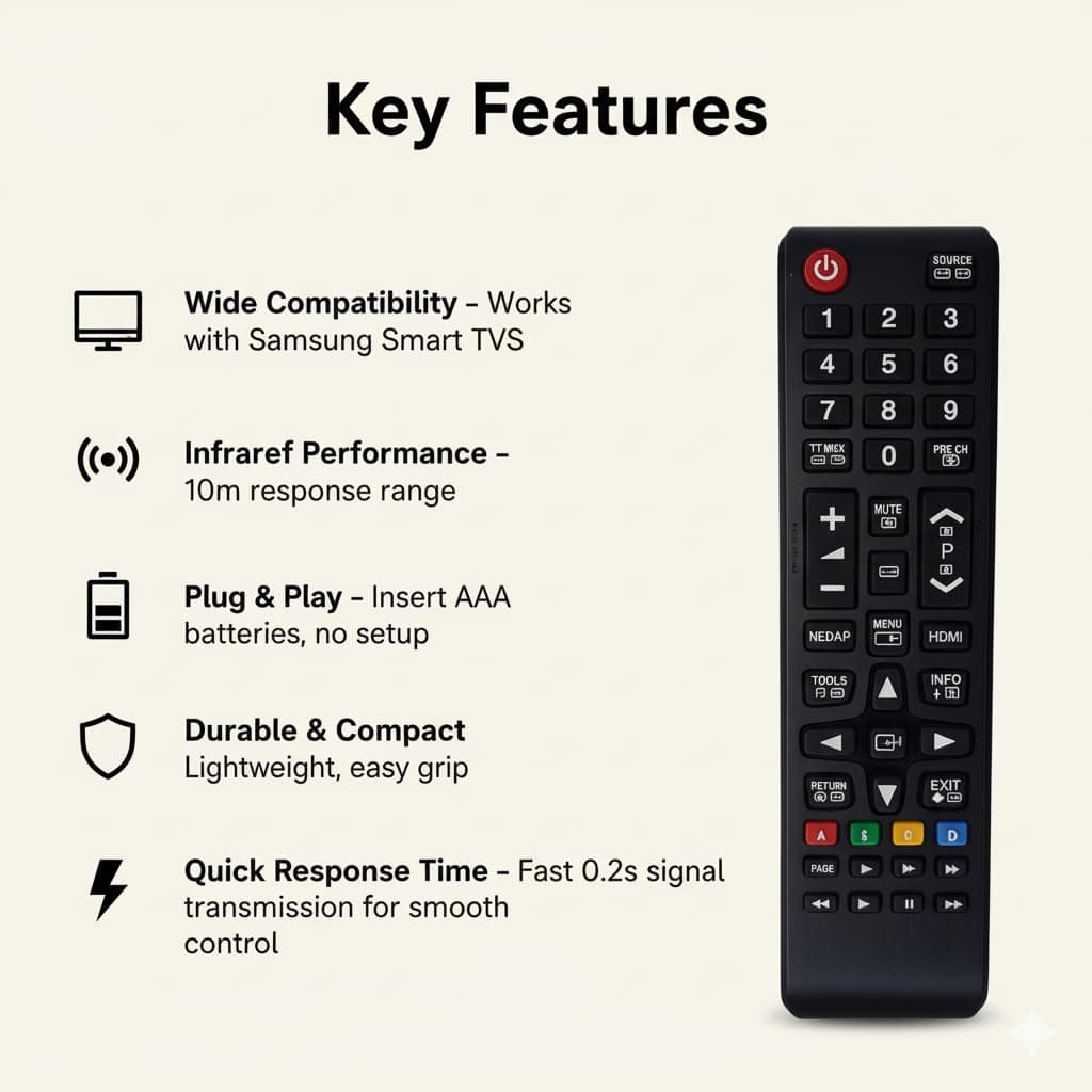 Book My Remote Universal Replacement Remote Compatible with Samsung TVs | Works with LCD LED OLED QLED UHD Plasma Smart Hub | Infrared Remote Control AA59 BN59 Series | Plug & Play, 10m Range angle 2
