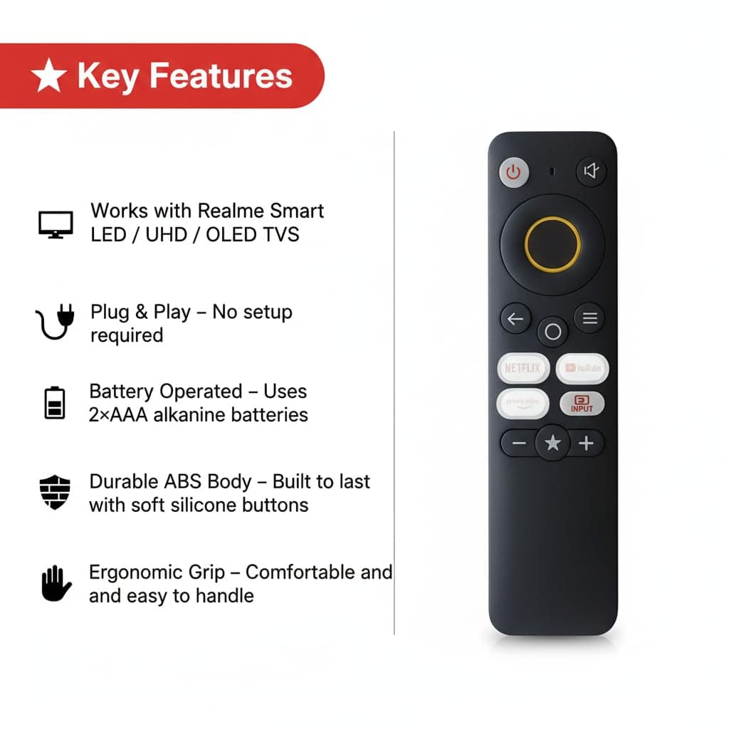 Book My Remote Realme TV Controller | Non-Voice Infrared Replacement Compatible with Realme Smart LED & Android TVs | Original Design with Netflix, Prime Video & YouTube Hotkeys angle 2