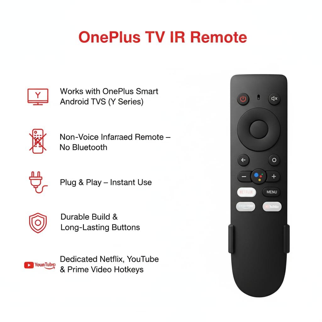 Book My Remote OnePlus TV Replacement Remote IR Non-Voice Remote Control with Netflix, YouTube Hotkeys | Plug & Play | Compatible with OnePlus Y Series 32Y1 / 40Y1 / 43Y1 | Includes Wall Mount angle 5