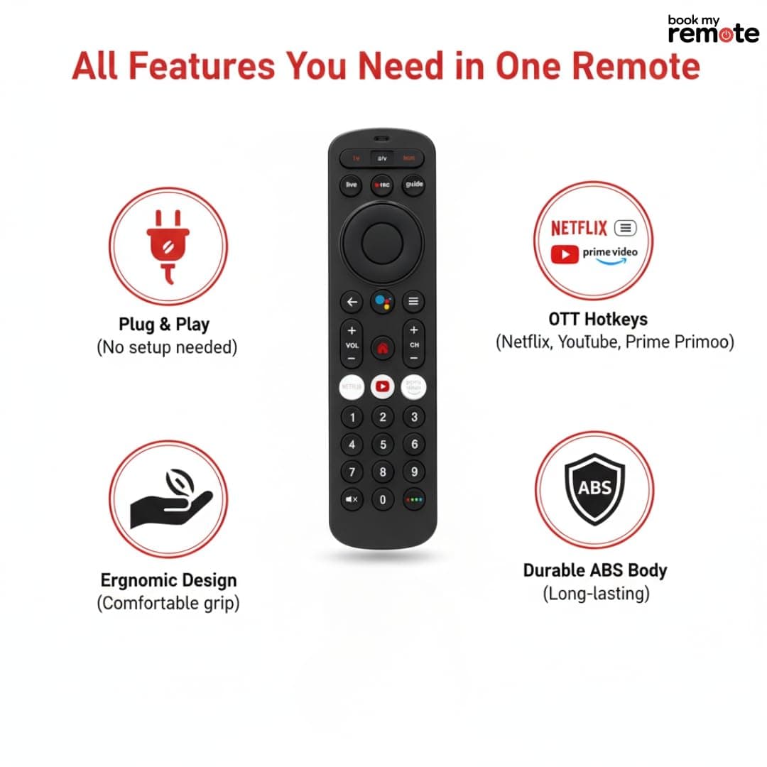 Book My Remote Compatible for Airtel Xstream Set-Top Box | Non-Voice IR Remote Control | Works with Airtel Xstream/DTH HD/SD/Digital TV | Plug & Play | Netflix, YouTube, Prime Keys | 2025 Model angle 5