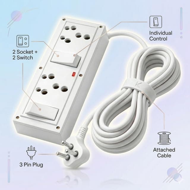Power Extension Board 2 Socket 2 Switch | 6 Amp 250V Power Plug Extension with Indicator | Electrical Switch Box | Heavy Duty PVC Cable | Switchboard for Home & Office Use angle 2