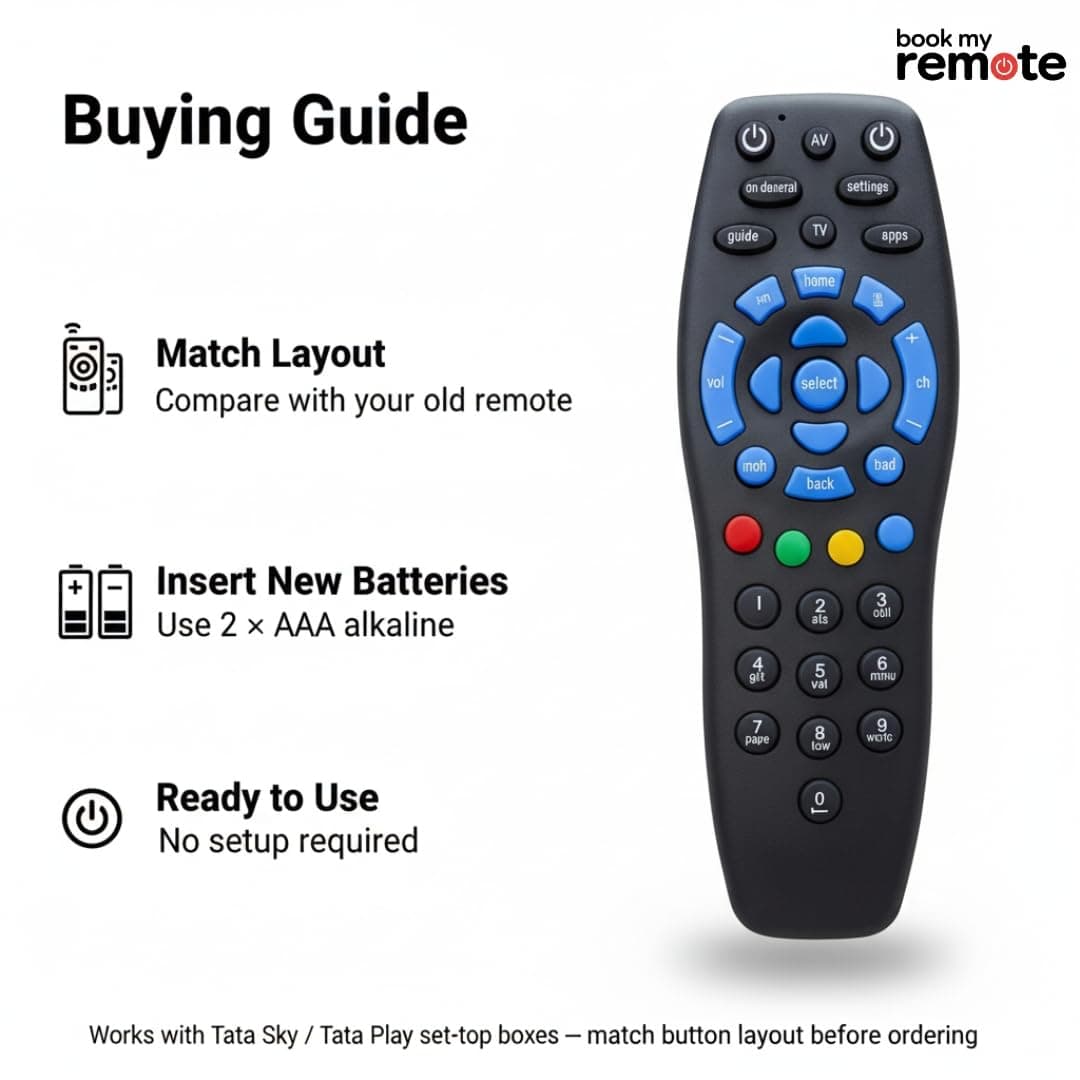 Book My Remote Compatible with Tata Sky/Tata Play Set Top Box Remote Control | Replacement Infrared Remote for HD, SD & Recording Models | Plug & Play | Soft Silicone Keys 1PC angle 4