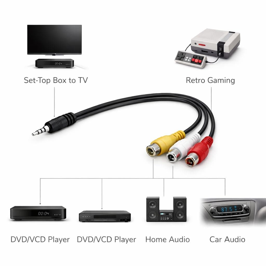 Book My Remote 3.5mm Male Plug to 3 RCA Female Adapter Cable | AV to 3 RCA Composite Video + Stereo Audio | for LED TV Set Top Box DTH DVD Camcorder angle 3