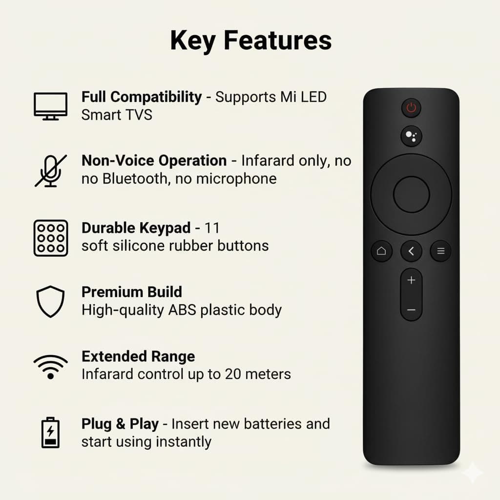 Book My Remote Replacement Remote Compatible with Mi TV 4A (32"/43") and Mi LED Smart TVs | Non-Voice Infrared Remote Control | Soft Silicone Keypad | 20m Range | Plug & Play angle 2