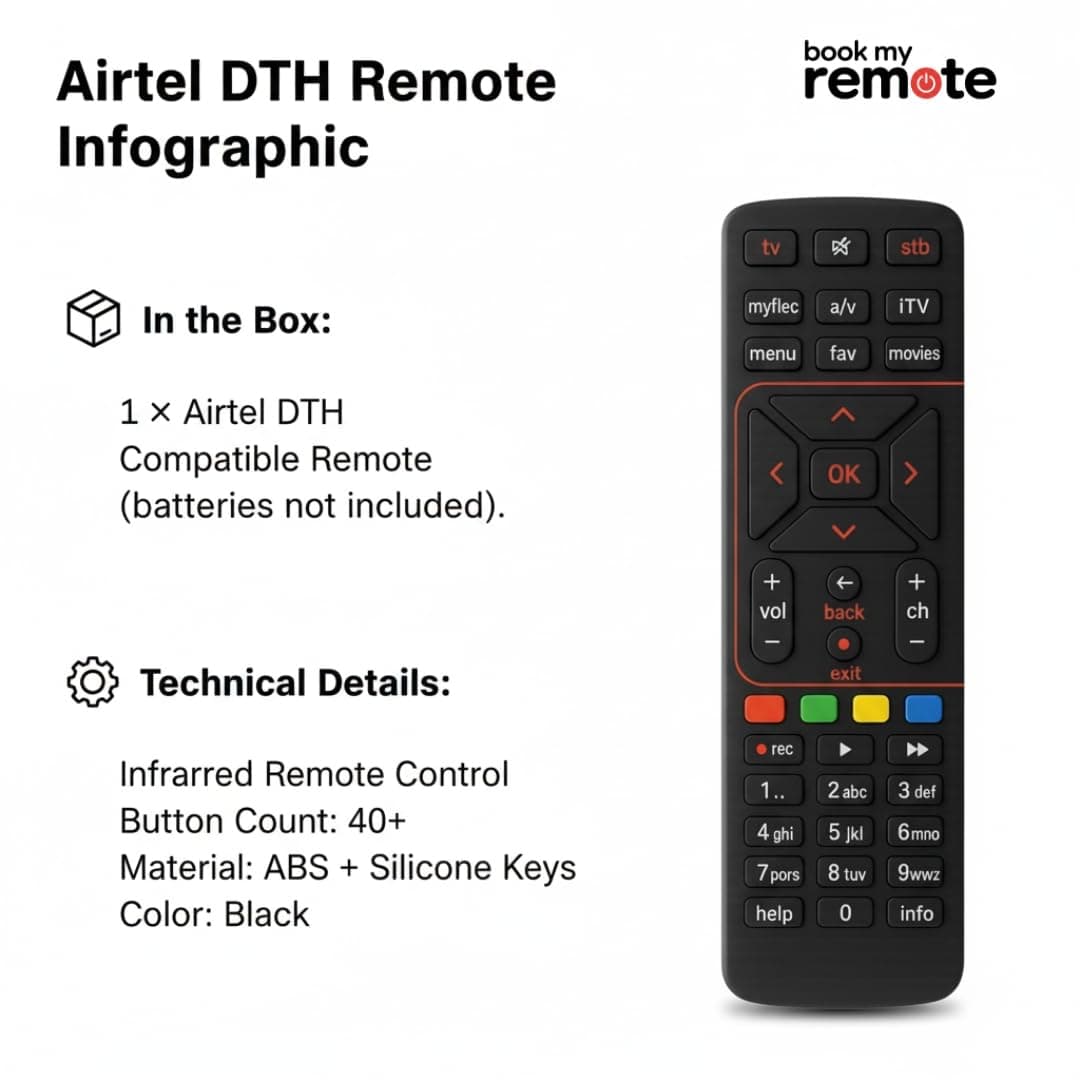 Book My Remote Compatible Airtel DTH Remote Replacement for Airtel Digital TV HD, SD & Recording Set Top Box Plug & Play Infrared Remote Controller - 1PC angle 6