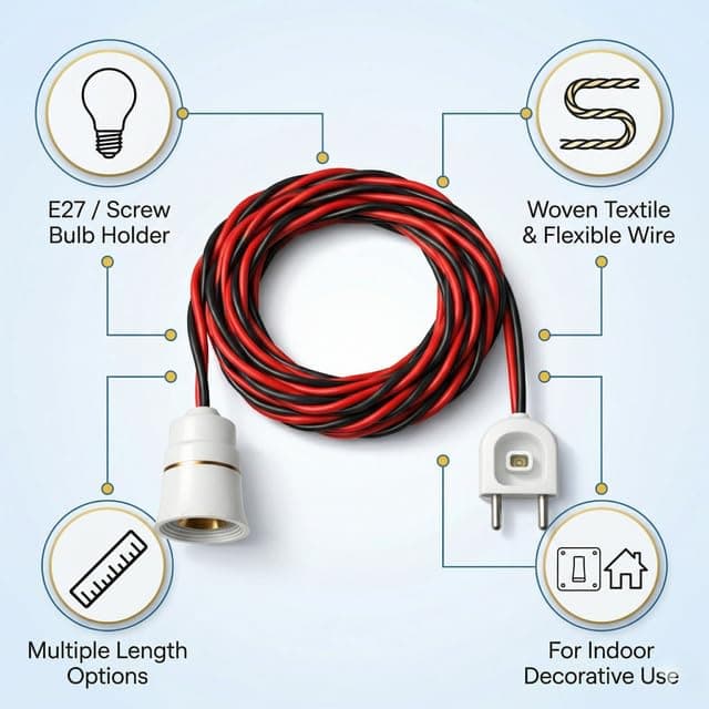 Bulb Holder with Wire and Plug Socket | B22 Bayonet Lamp Holder with Extension Cable | 2-Pin Plug | 220V–240V | Suitable for LED, CFL Bulbs | for Home, Festivals and Temporary Lighting angle 4