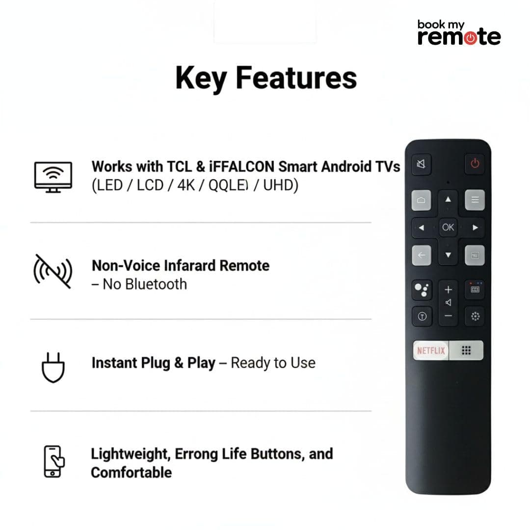 Book My Remote Compatible Remote Control for TCL & iFFALCON Smart Android TV RC802V Model | Replacement for TCL 4K UHD FHD QLED LED TVs | No Voice Command | Infrared Remote Control | Plug & Play angle 2