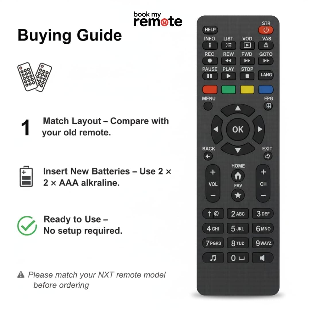 Book My Remote Replacement Remote for NXT Digital Set Top Box Universal STB Remote Control Compatible with NXT Digital HD & SD Set Top Boxes Infrared Long-Range 10 m Plug & Play (Black) (1) angle 2