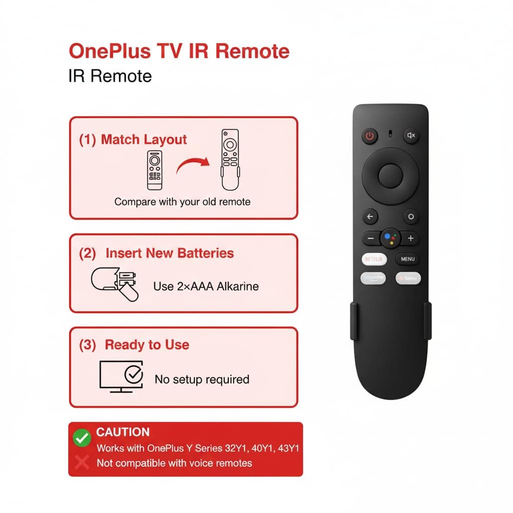Book My Remote OnePlus TV Replacement Remote IR Non-Voice Remote Control with Netflix, YouTube Hotkeys | Plug & Play | Compatible with OnePlus Y Series 32Y1 / 40Y1 / 43Y1 | Includes Wall Mount angle 2