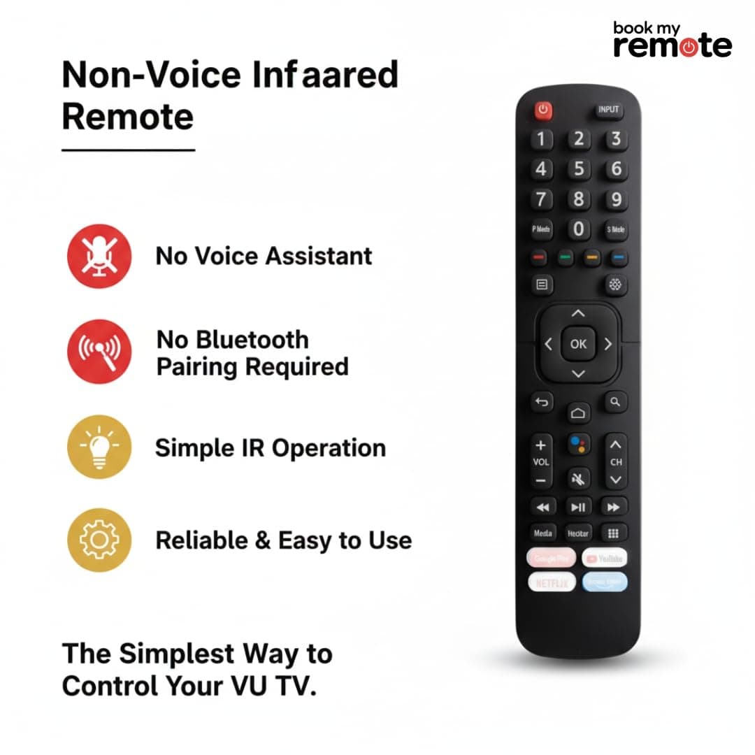 Book My Remote Replacement Remote Control for VU Smart TV EN2BX27V / EN2BY27V Models Compatible with VU 32US, 43US, 40US, 50GA, 65US, Android 4K & Full HD LED TVs Infrared Non-Voice Remote angle 4