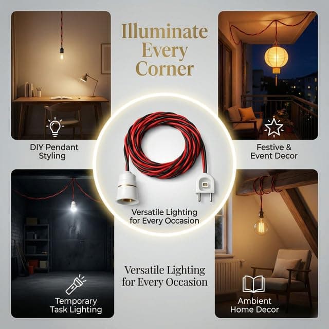 Bulb Holder with Wire and Plug Socket | B22 Bayonet Lamp Holder with Extension Cable | 2-Pin Plug | 220V–240V | Suitable for LED, CFL Bulbs | for Home, Festivals and Temporary Lighting angle 3