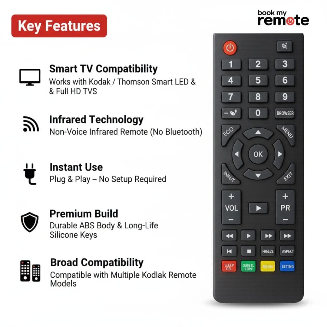 Book My Remote Replacement Remote Control Compatible with Kodak Smart, LED, LCD, FHD & 4K TVs | Plug & Play Non-Voice Infrared Remote | Soft Silicone Buttons, 10m Range | No Setup Required angle 2