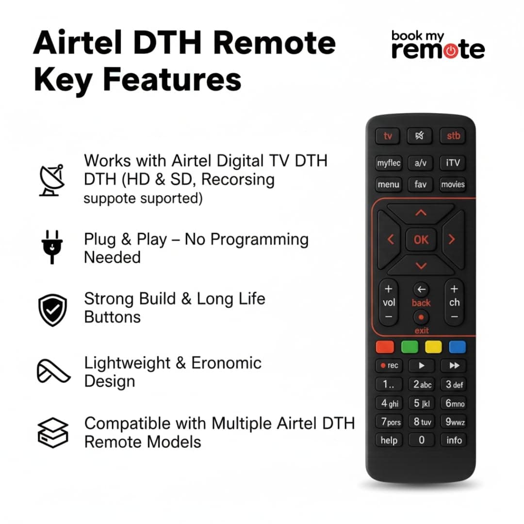 Book My Remote Compatible Airtel DTH Remote Replacement for Airtel Digital TV HD, SD & Recording Set Top Box Plug & Play Infrared Remote Controller - 1PC angle 2