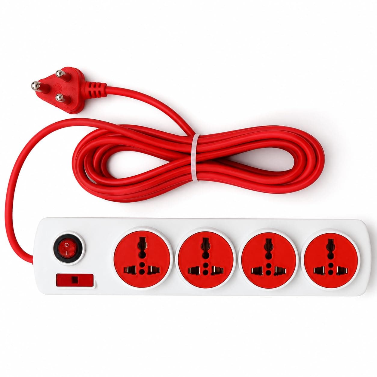 Book My Remote 4 Socket Extension Board with Switches | Spike Guard Power Strip & Extension Cord | Heavy Duty 3.3m Red Cable | 6A Fuse | Gaming PC, TV, Laptop, Home & Office (Red/White)