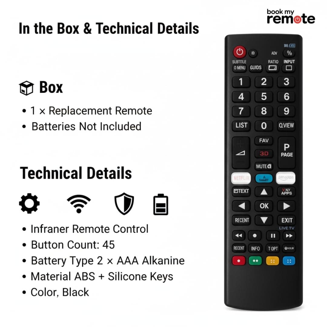 Book My Remote Universal Remote Control Compatible with LG Smart TVs LED, OLED, LCD, UHD, Plasma, 4K Android Models | Replacement for AKB75095304, AKB75095306 and More | Non-Voice Infrared Remote angle 3