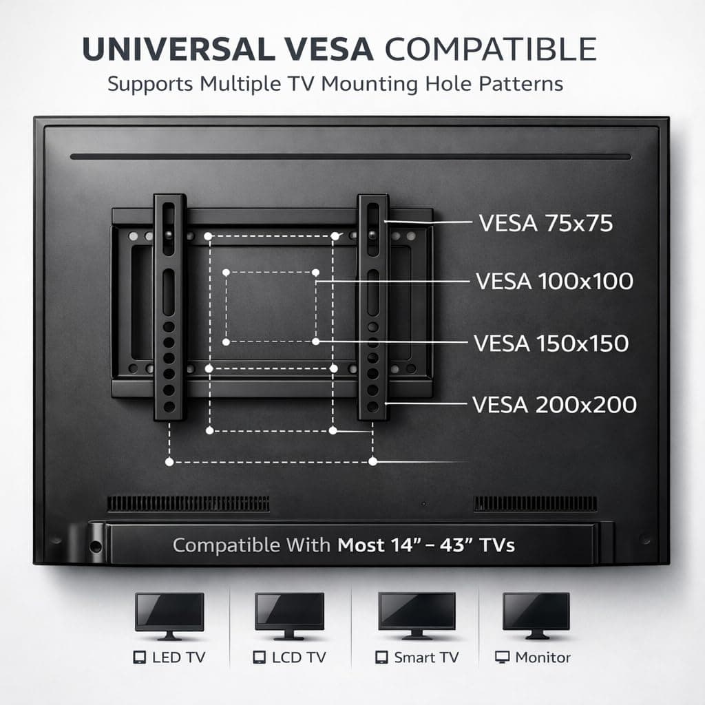 Heavy Duty TV Wall Mount Bracket for 14 to 43 Inch LED LCD Smart TV | Fixed Low Profile Universal Wall Mount Stand | VESA 75x75 to 200x200mm | Up to 30 kg | All Hardware Included angle 4