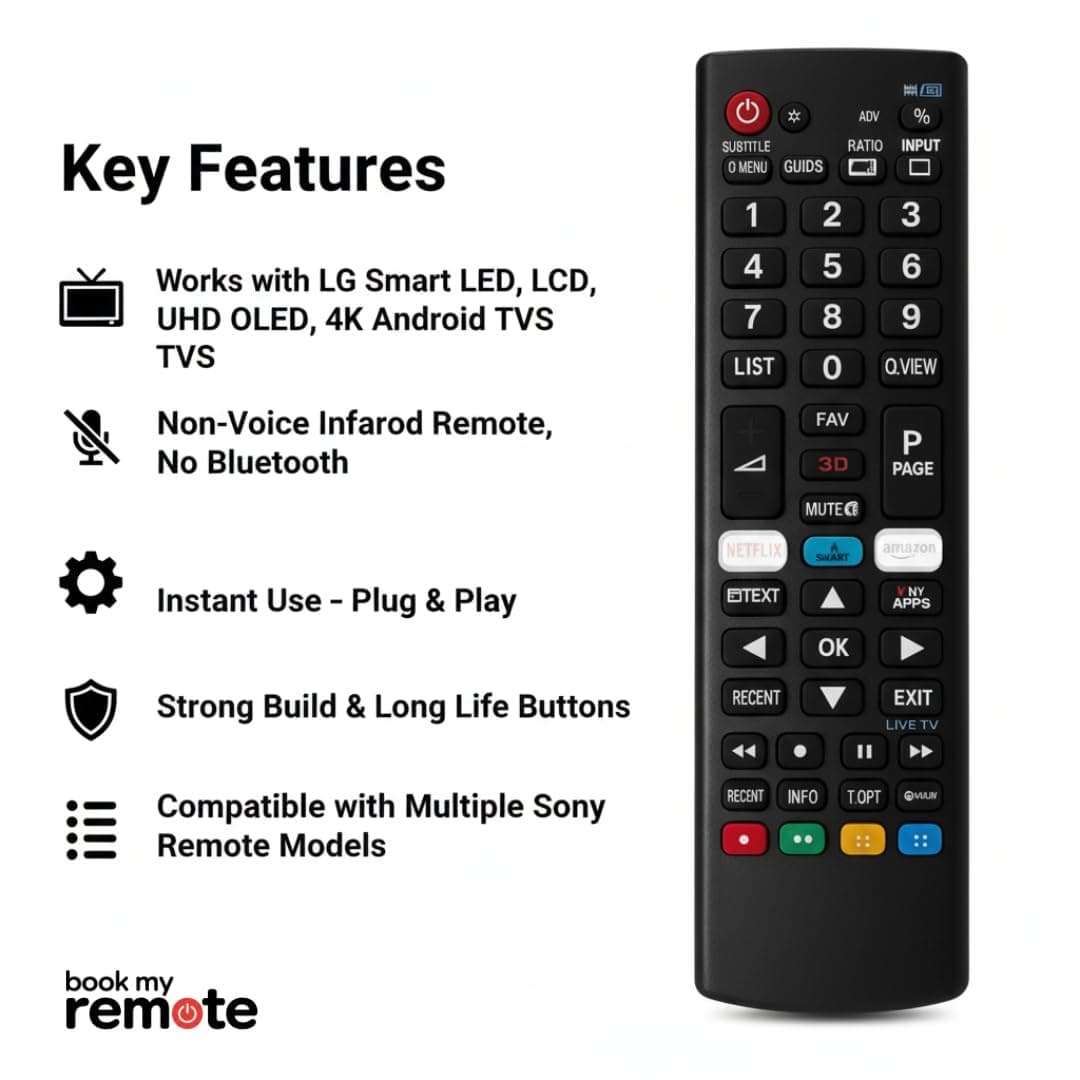 Book My Remote Universal Remote Control Compatible with LG Smart TVs LED, OLED, LCD, UHD, Plasma, 4K Android Models | Replacement for AKB75095304, AKB75095306 and More | Non-Voice Infrared Remote angle 2