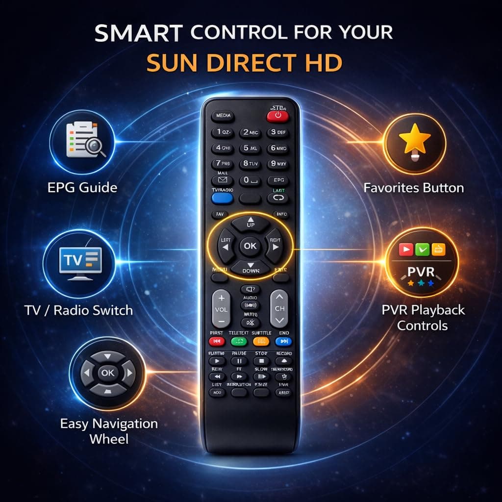 BookMyRemote Compatible Replacement Remote Control for Sun Direct HD Set-Top Box | Supports EPG, PVR, FAV, TV Radio, VOL, CH | No Programming Required angle 7