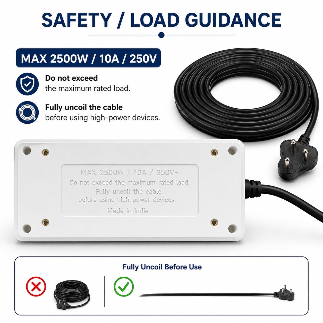 Book My Remote 2 Switch 2 Socket Extension Board with Individual Switches | Heavy Duty Spike Guard | 2500W 10A | 4.3m Long Cable | Wall Mountable Power Strip for Home & Office (White) angle 6