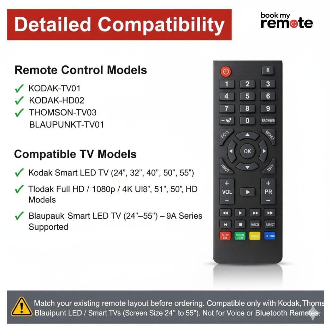 Book My Remote Replacement Remote Control Compatible with Kodak Smart, LED, LCD, FHD & 4K TVs | Plug & Play Non-Voice Infrared Remote | Soft Silicone Buttons, 10m Range | No Setup Required angle 9