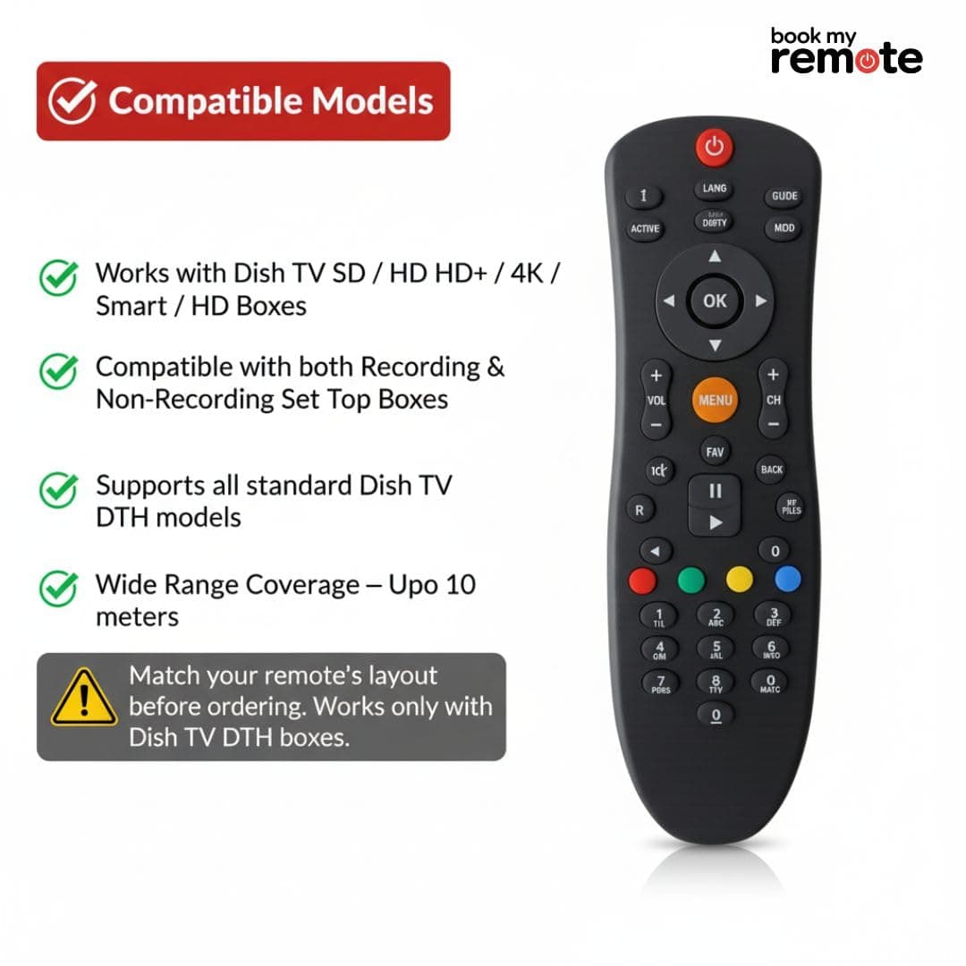 Book My Remote for Dish TV SD/HD/HD+ / 4K DTH Set Top Boxes with Recording | Compatible Replacement Controller | Plug & Play (Black, Durable ABS Body) angle 4