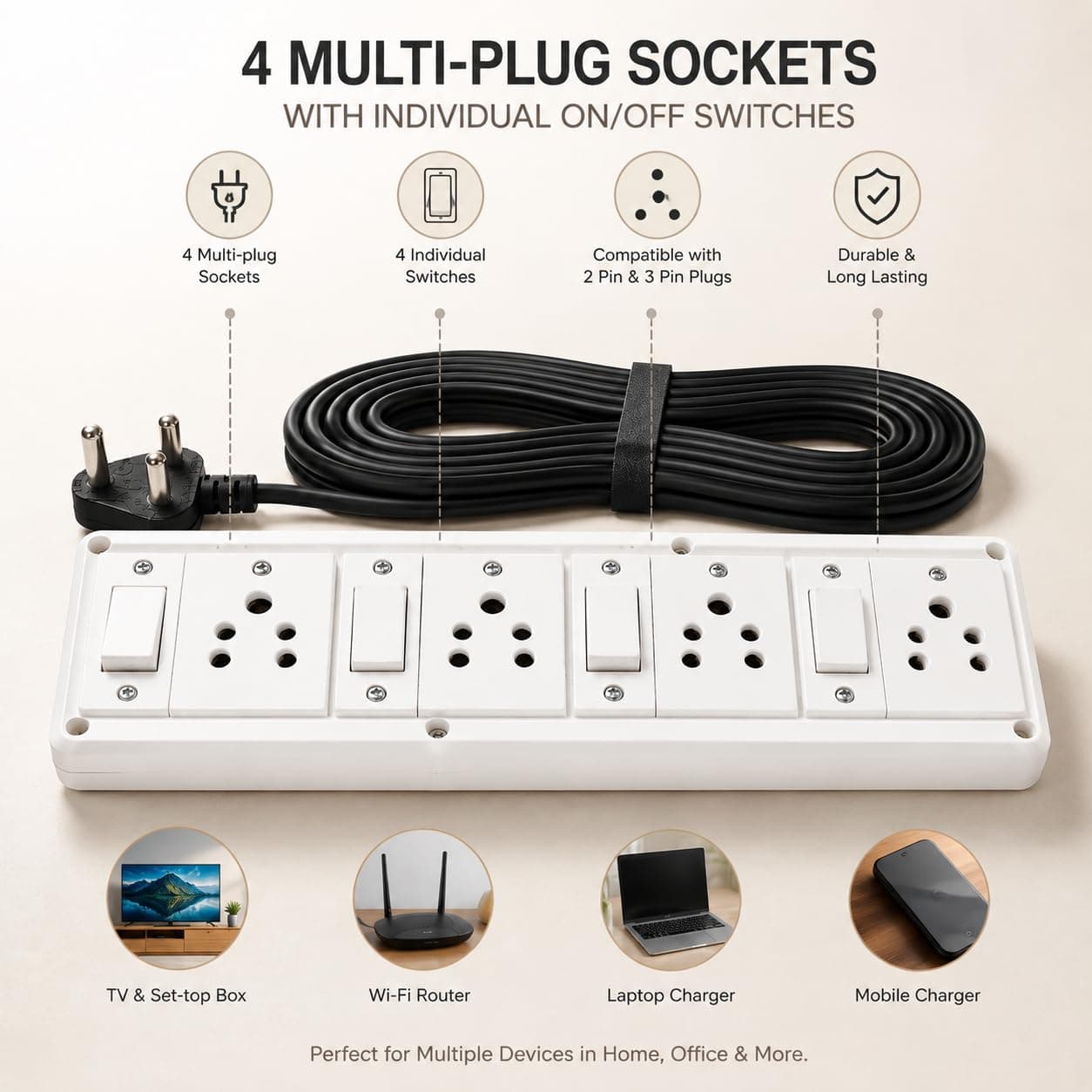 Book My Remote 4 Socket 4 Switch Extension Board with Individual Switches | Heavy Duty Spike Guard | 2500W 10A | 4.3m Long Cable | Wall Mountable Power Strip for Home & Office (White/Black) angle 8