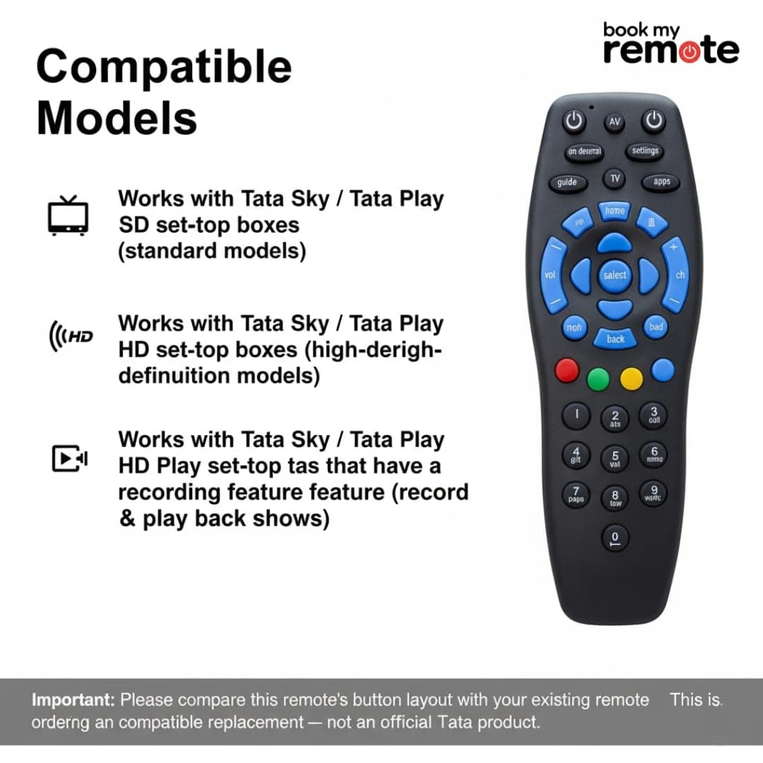 Book My Remote Compatible with Tata Sky/Tata Play Set Top Box Remote Control | Replacement Infrared Remote for HD, SD & Recording Models | Plug & Play | Soft Silicone Keys 1PC angle 5