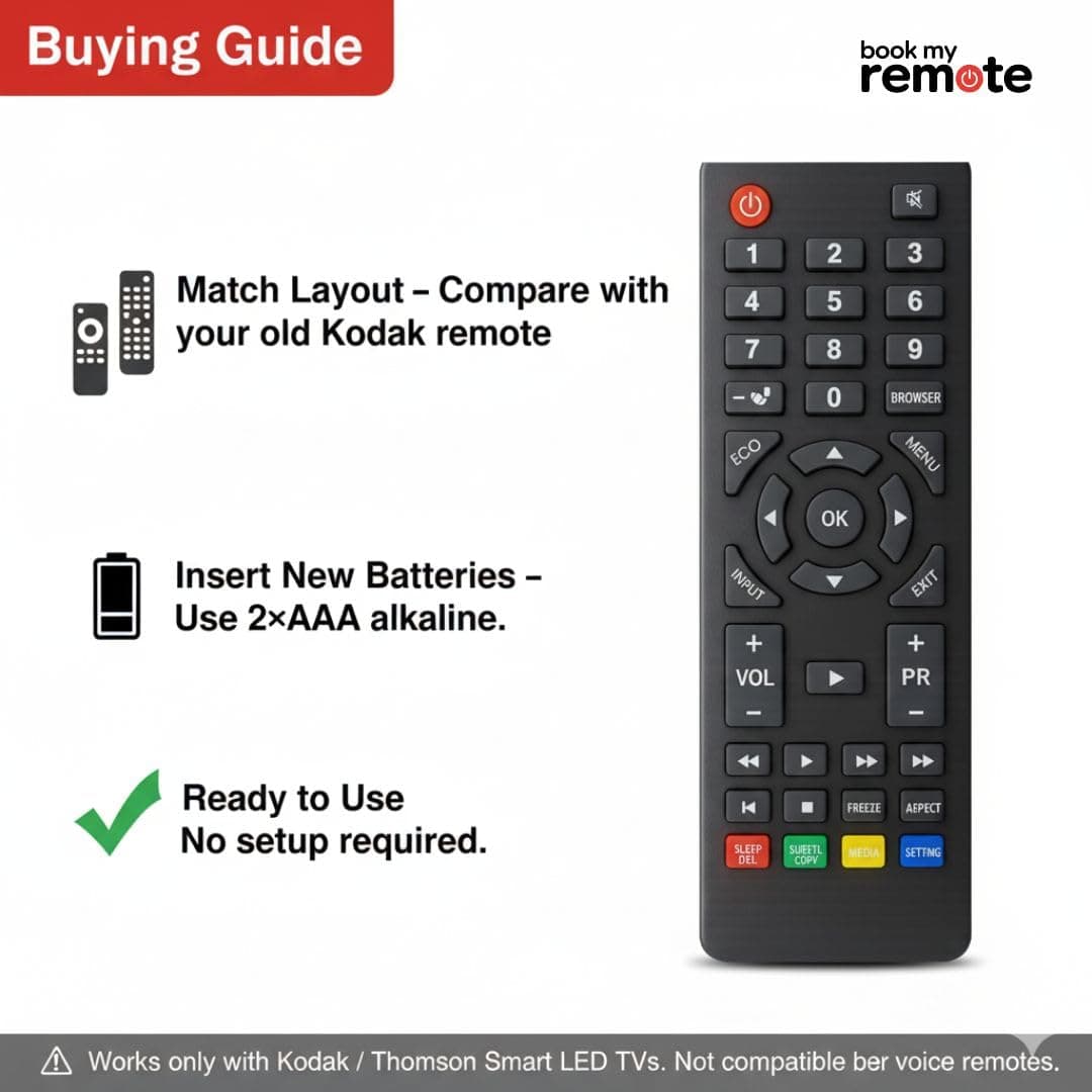 Book My Remote Replacement Remote Control Compatible with Kodak Smart, LED, LCD, FHD & 4K TVs | Plug & Play Non-Voice Infrared Remote | Soft Silicone Buttons, 10m Range | No Setup Required angle 6