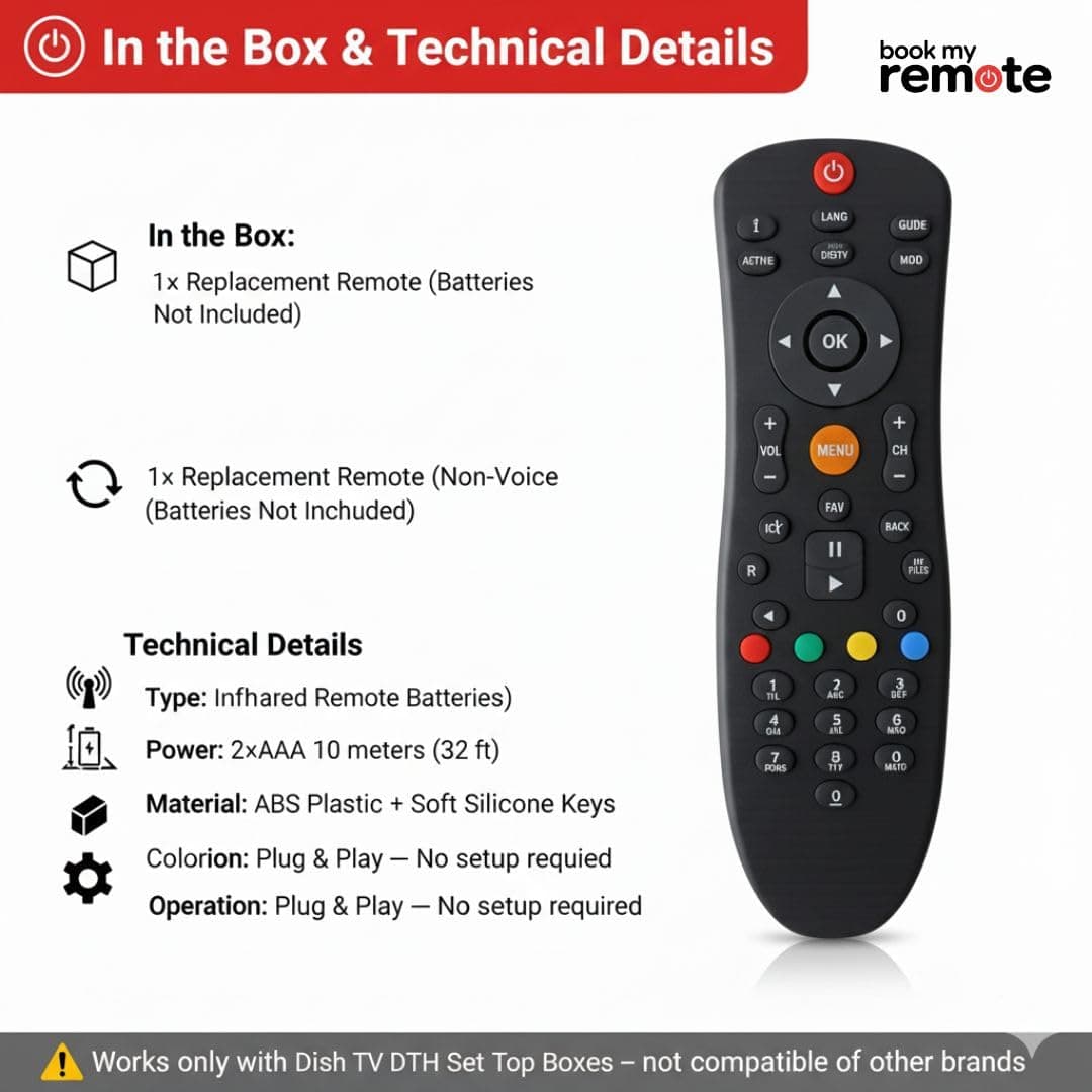 Book My Remote for Dish TV SD/HD/HD+ / 4K DTH Set Top Boxes with Recording | Compatible Replacement Controller | Plug & Play (Black, Durable ABS Body) angle 9