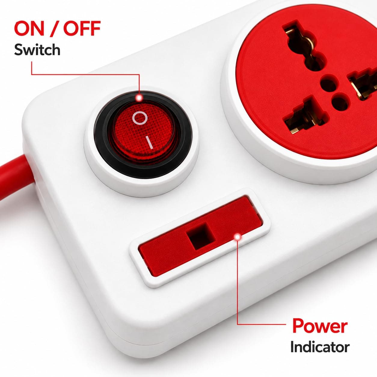 Book My Remote 4 Socket Extension Board with Switches | Spike Guard Power Strip & Extension Cord | Heavy Duty 3.3m Red Cable | 6A Fuse | Gaming PC, TV, Laptop, Home & Office (Red/White) angle 4