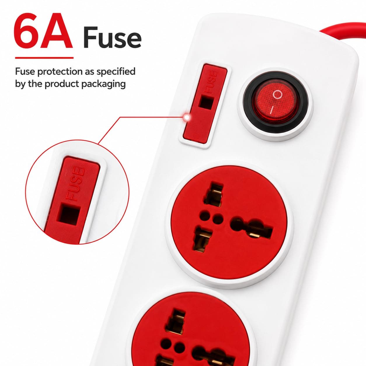 Book My Remote 4 Socket Extension Board with Switches | Spike Guard Power Strip & Extension Cord | Heavy Duty 3.3m Red Cable | 6A Fuse | Gaming PC, TV, Laptop, Home & Office (Red/White) angle 5