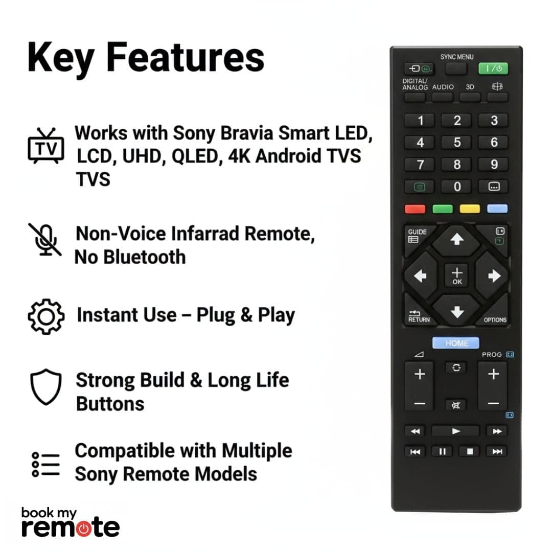Book My Remote Universal IR Controller Compatible with Sony Bravia LED, LCD, UHD, OLED, QLED, 4K Android TVs | Supports RMT-TX & RMF Series | Non-Voice (1 PC) angle 5