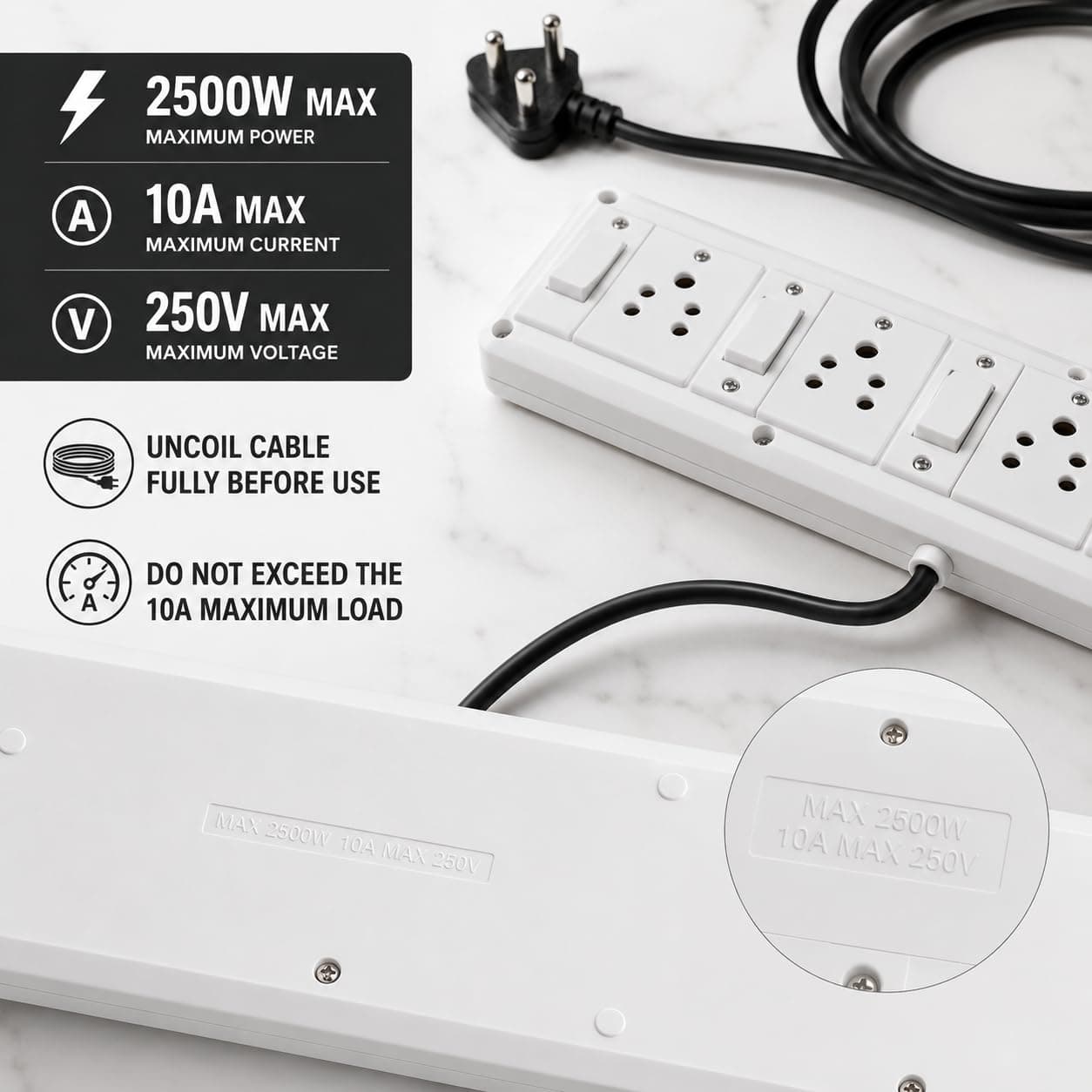 Book My Remote 4 Socket 4 Switch Extension Board with Individual Switches | Heavy Duty Spike Guard | 2500W 10A | 4.3m Long Cable | Wall Mountable Power Strip for Home & Office (White/Black) angle 5