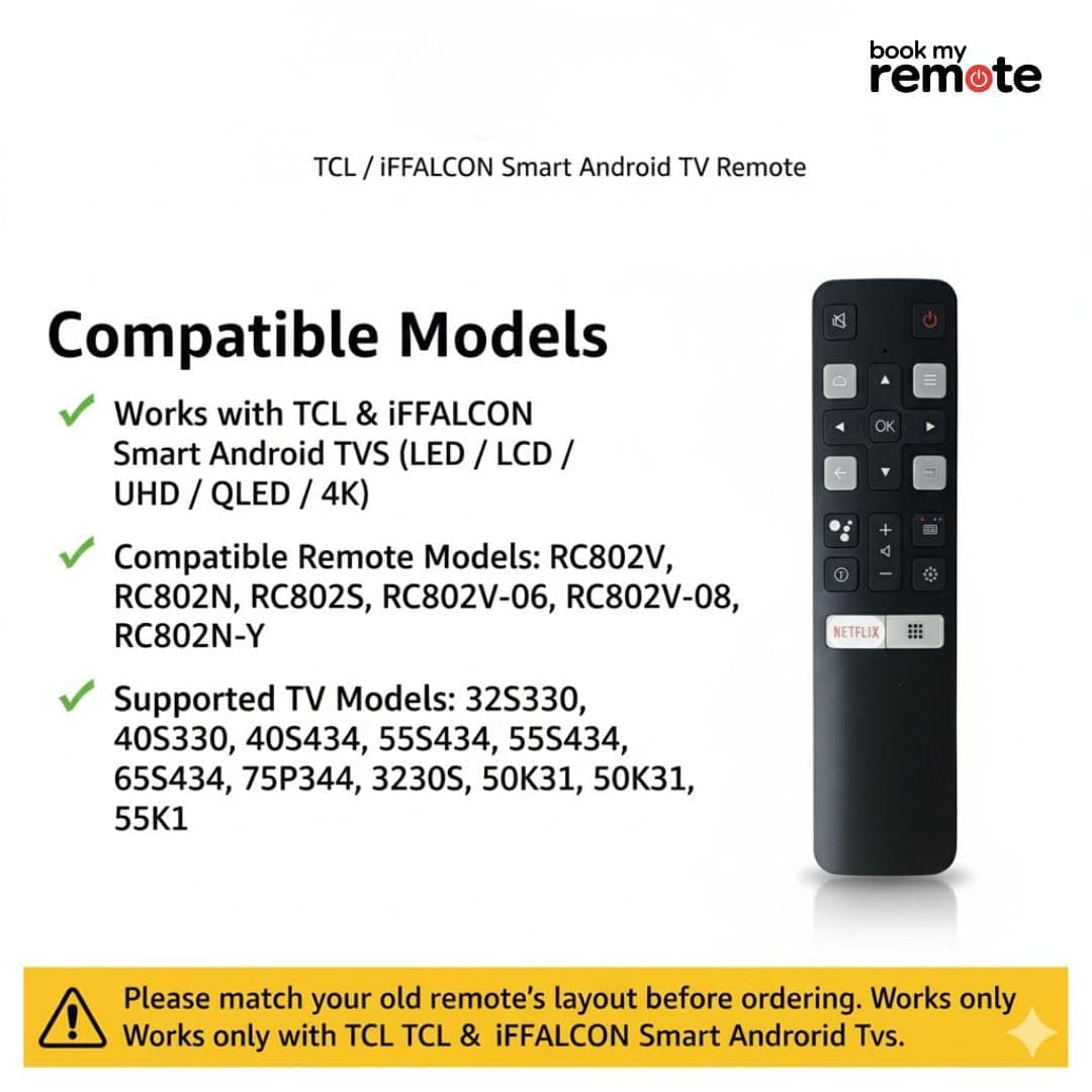 Book My Remote Compatible Remote Control for TCL & iFFALCON Smart Android TV RC802V Model | Replacement for TCL 4K UHD FHD QLED LED TVs | No Voice Command | Infrared Remote Control | Plug & Play angle 3