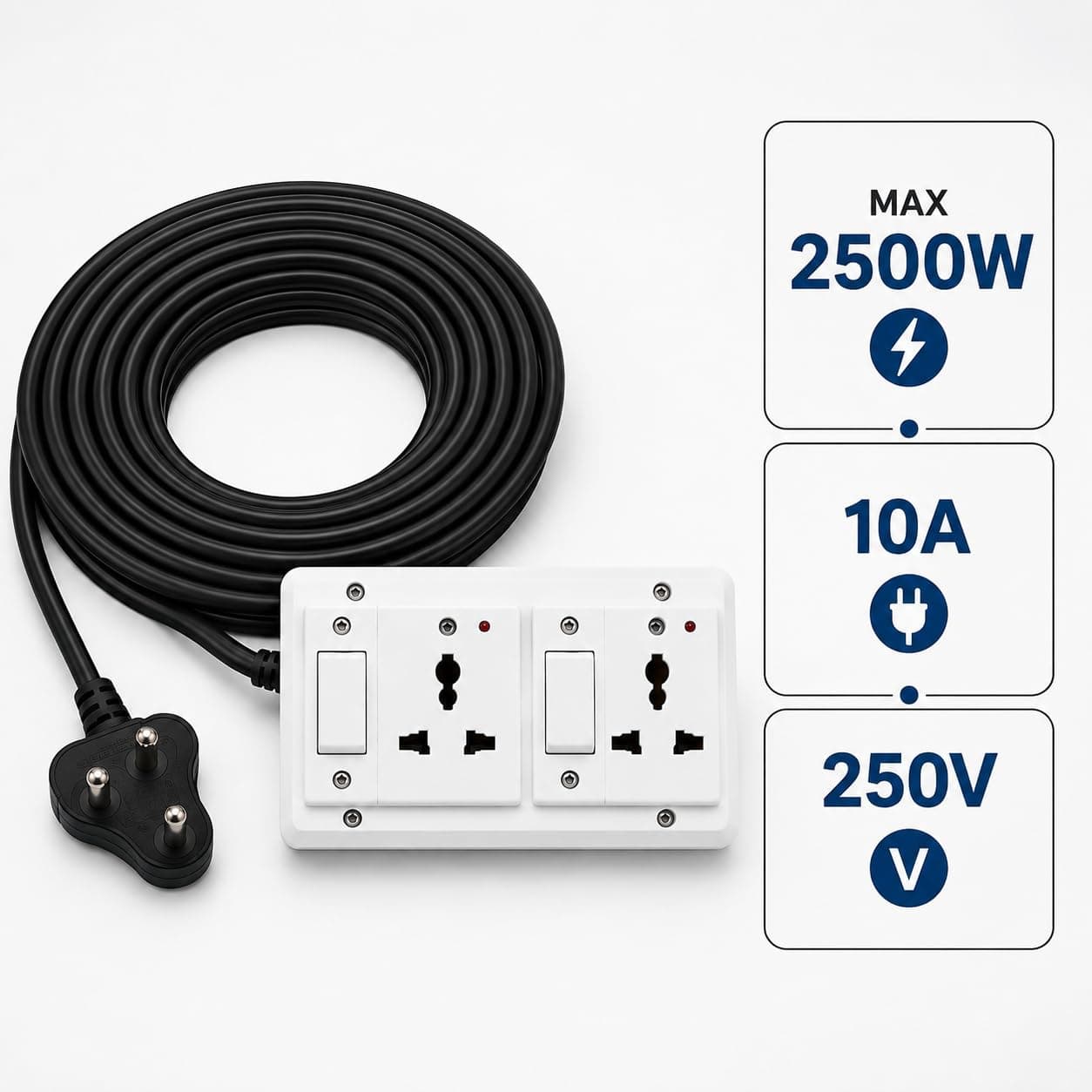 Book My Remote 2 Switch 2 Socket Extension Board with Individual Switches | Heavy Duty Spike Guard | 2500W 10A | 4.3m Long Cable | Wall Mountable Power Strip for Home & Office (White) angle 7
