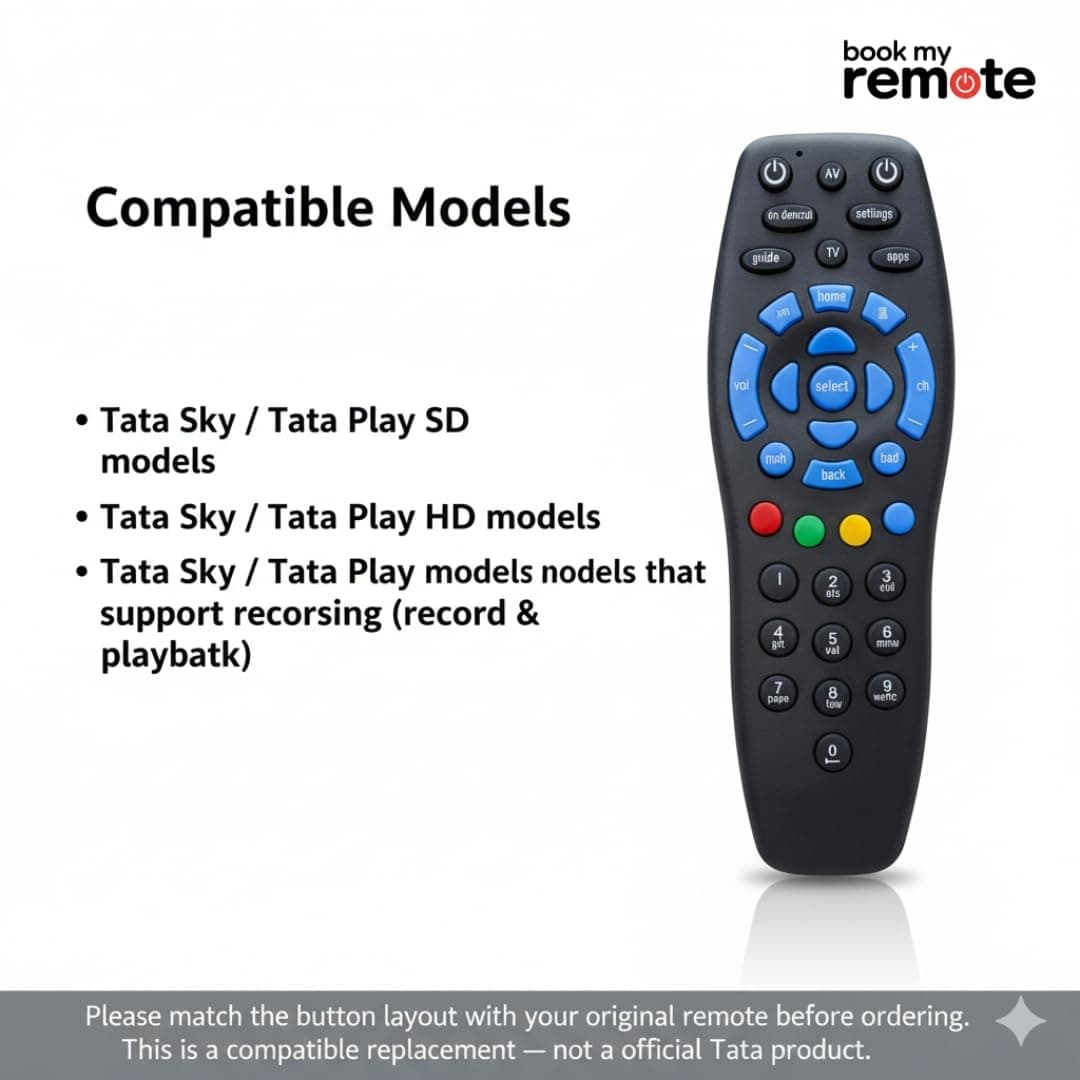 Book My Remote Compatible with Tata Sky/Tata Play Set Top Box Remote Control | Replacement Infrared Remote for HD, SD & Recording Models | Plug & Play | Soft Silicone Keys 1PC angle 3