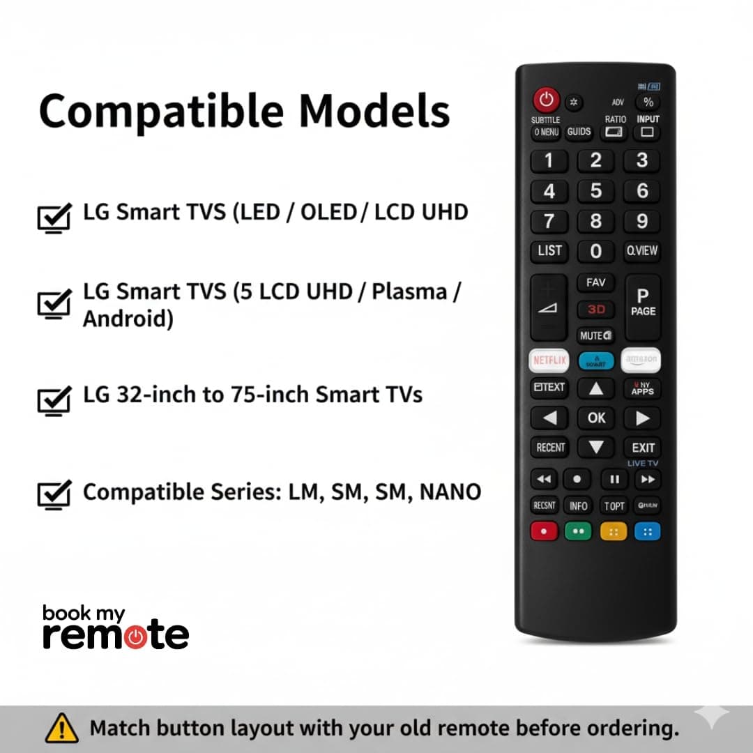 Book My Remote Universal Remote Control Compatible with LG Smart TVs LED, OLED, LCD, UHD, Plasma, 4K Android Models | Replacement for AKB75095304, AKB75095306 and More | Non-Voice Infrared Remote angle 5
