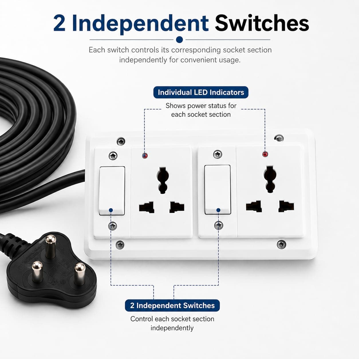 Book My Remote 2 Switch 2 Socket Extension Board with Individual Switches | Heavy Duty Spike Guard | 2500W 10A | 4.3m Long Cable | Wall Mountable Power Strip for Home & Office (White) angle 4