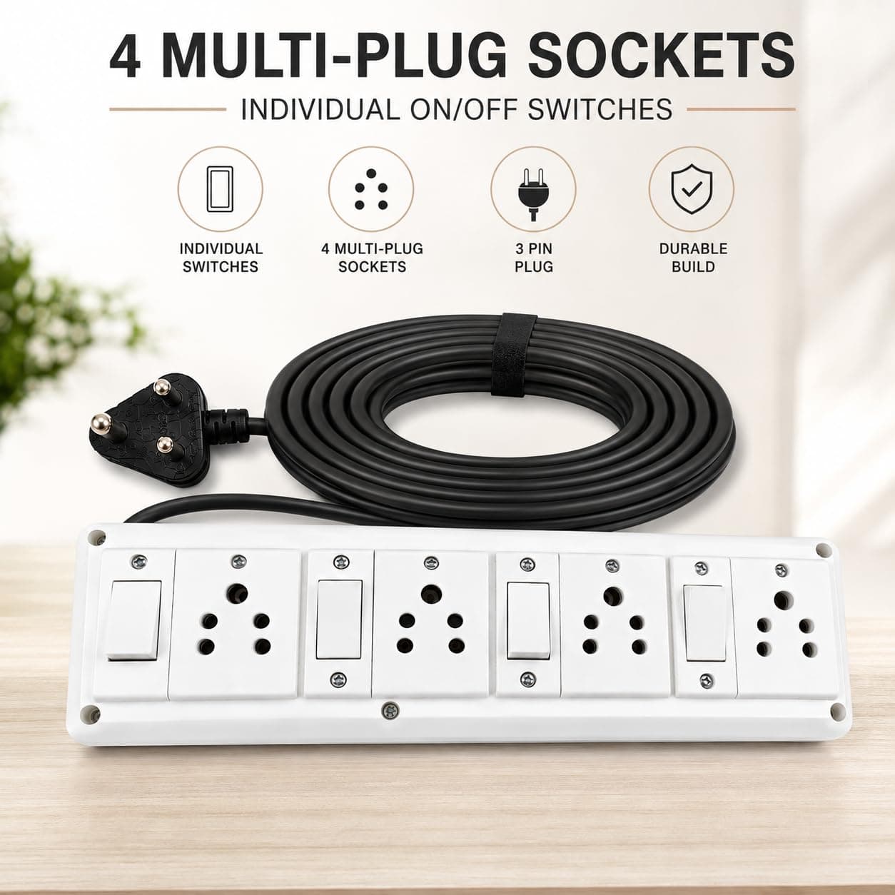 Book My Remote 4 Socket 4 Switch Extension Board with Individual Switches | Heavy Duty Spike Guard | 2500W 10A | 4.3m Long Cable | Wall Mountable Power Strip for Home & Office (White/Black) angle 4