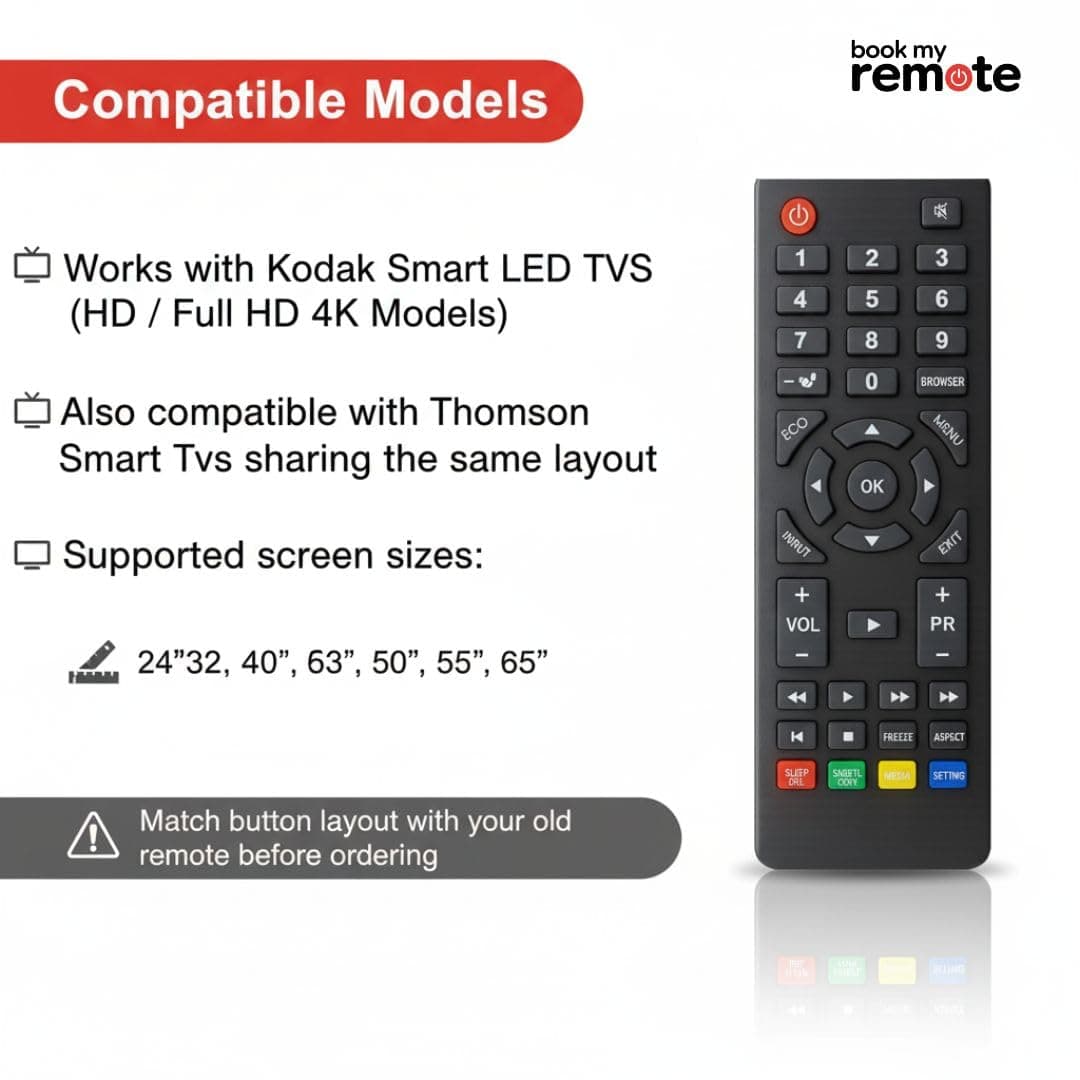 Book My Remote Replacement Remote Control Compatible with Kodak Smart, LED, LCD, FHD & 4K TVs | Plug & Play Non-Voice Infrared Remote | Soft Silicone Buttons, 10m Range | No Setup Required angle 3